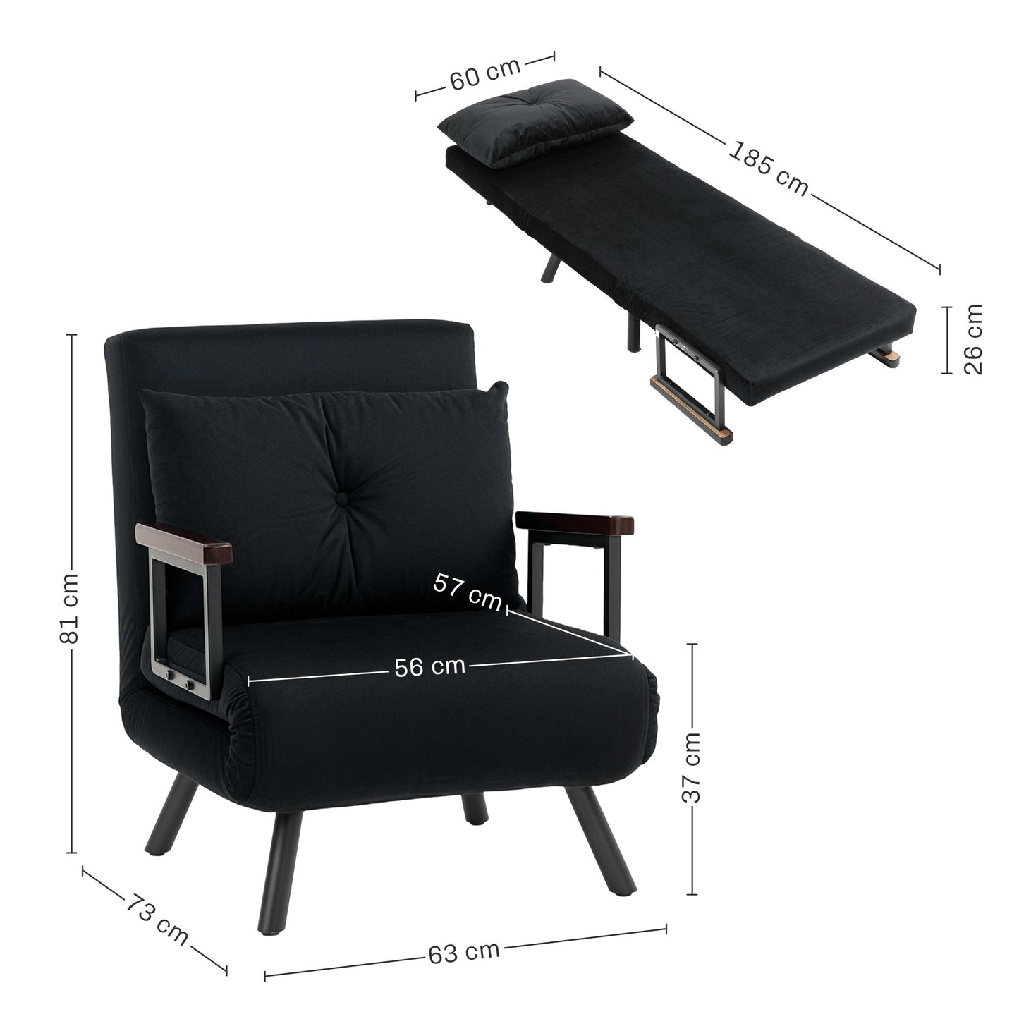 4-in-1 Velvet-Feel Single Chair Bed, with Pillow - Black-2