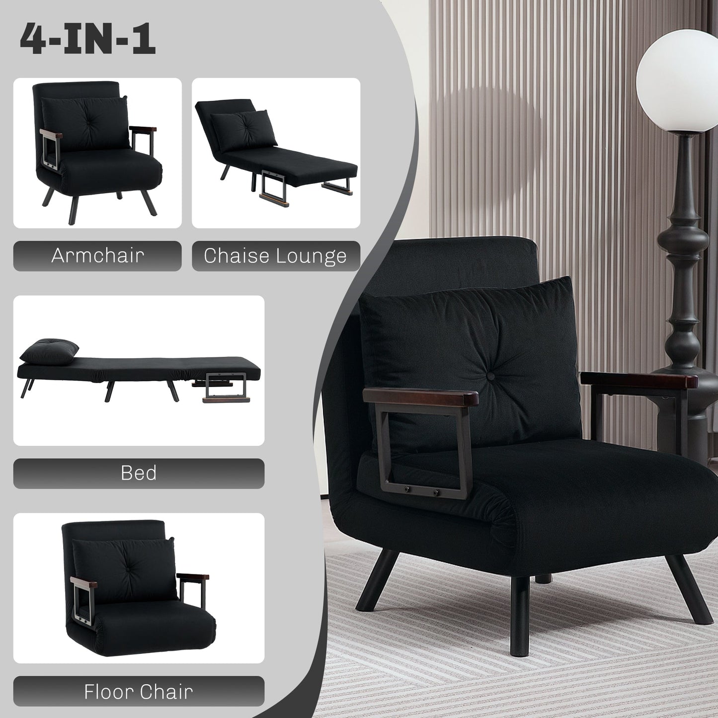 4-in-1 Velvet-Feel Single Chair Bed, with Pillow - Black-3